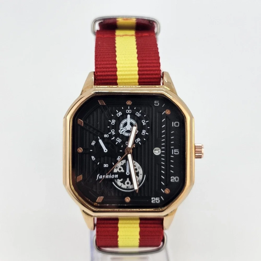 42MM Minimalist Watch Men Black Dial Gold Case‎ Date Red Yellow Canvas Strap